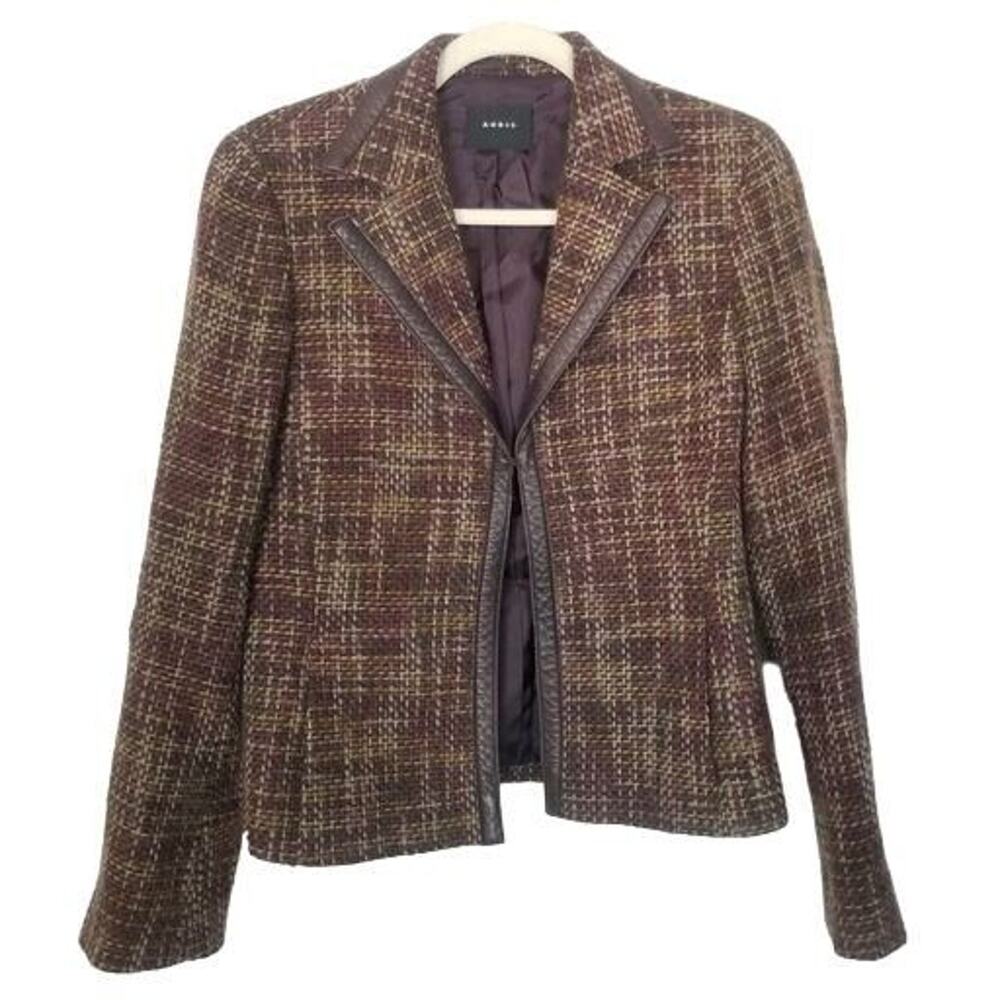 Arkis Womens Wool Alpaca Tweed Blazer Size 8 Leather Trim Dark Academia Career